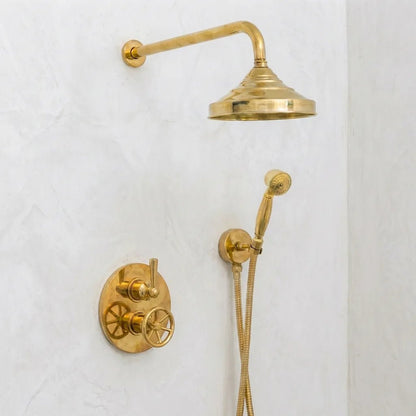Unlacquered Brass Thermostatic Mixer Shower System –Rain Head with Handheld - Brasska
