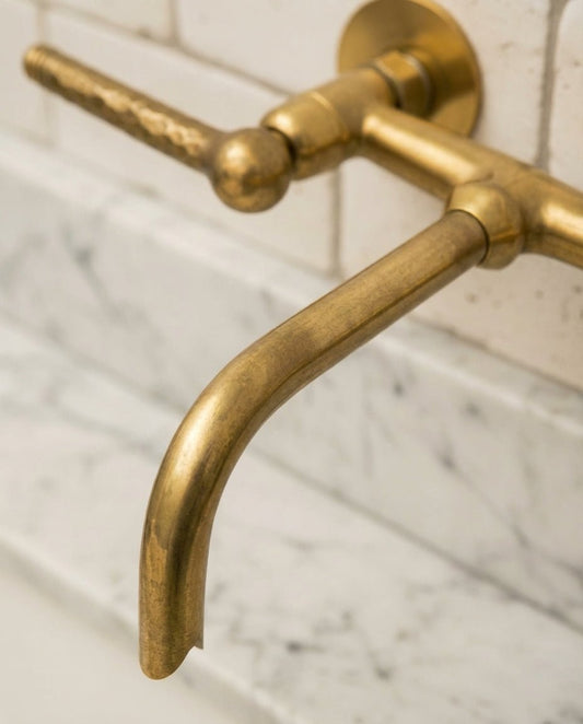 Unlacquered Brass Wall Faucet – Hammered Lever Handle Basin Mixer - Brasska