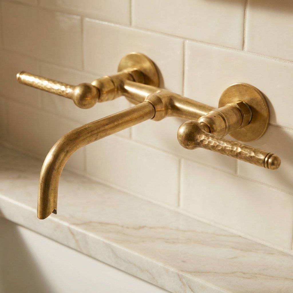 Unlacquered Brass Wall Faucet – Hammered Lever Handle Basin Mixer - Brasska