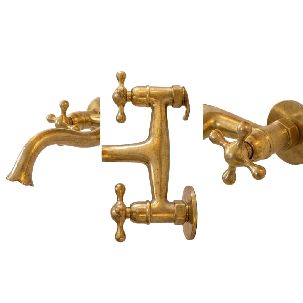 Unlacquered Brass Wall Faucet with Cross Handles – Handmade Tap - Brasska