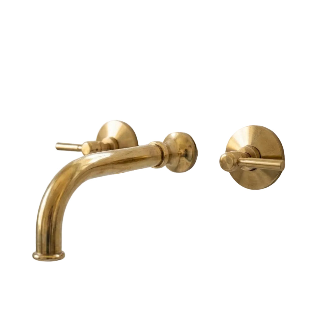 Unlacquered Brass Wall Mount Bathroom Faucet with Lever Handles – Handmade Solid Brass Sink Tap - Brasska