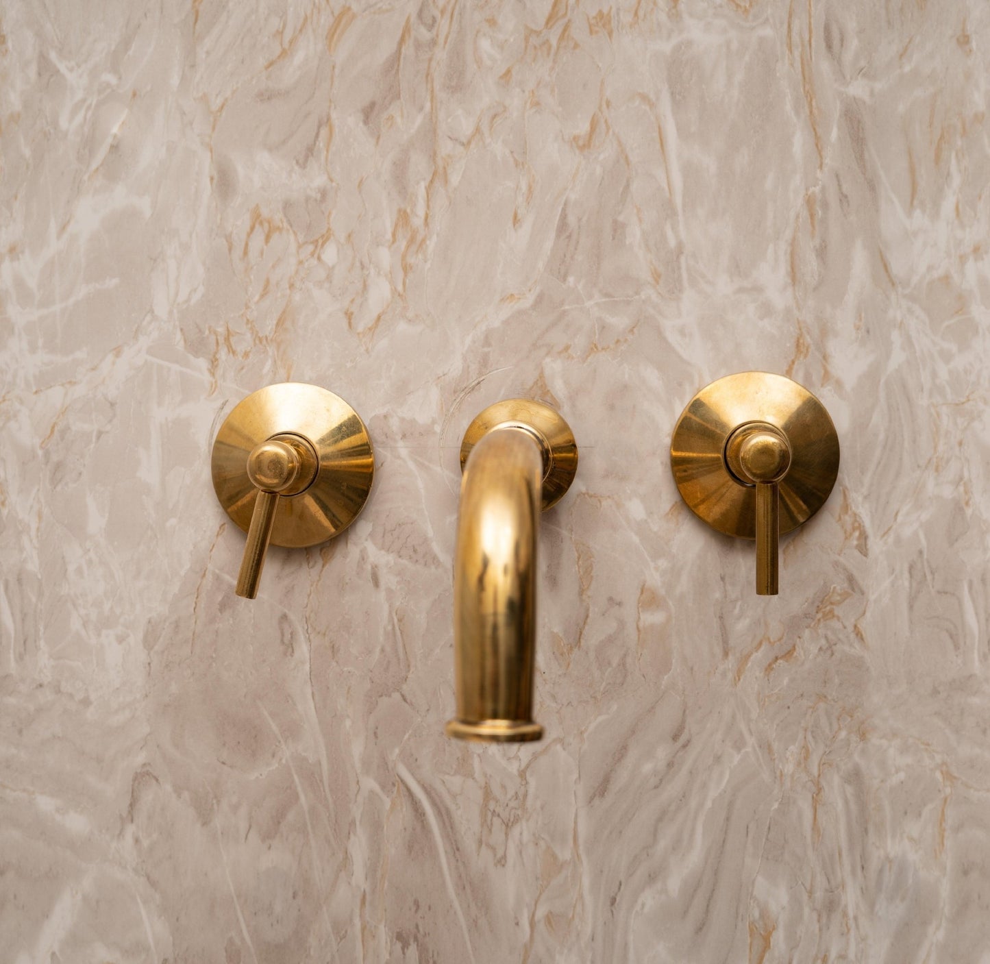 Unlacquered Brass Wall Mount Bathroom Faucet with Lever Handles – Handmade Solid Brass Sink Tap - Brasska