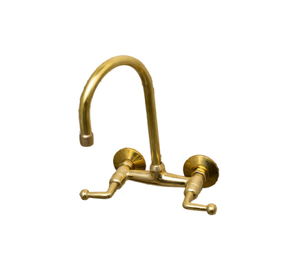 Unlacquered Brass Wall Mount Kitchen Faucet – Gooseneck Spout & Lever Handles - Brasska