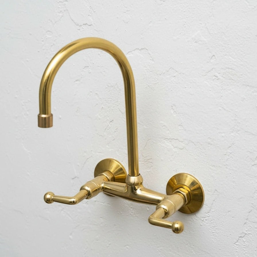 Unlacquered Brass Wall Mount Kitchen Faucet – Gooseneck Spout & Lever Handles - Brasska