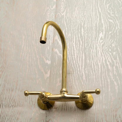 Unlacquered Brass Wall Mount Kitchen Faucet – Gooseneck Spout & Lever Handles - Brasska