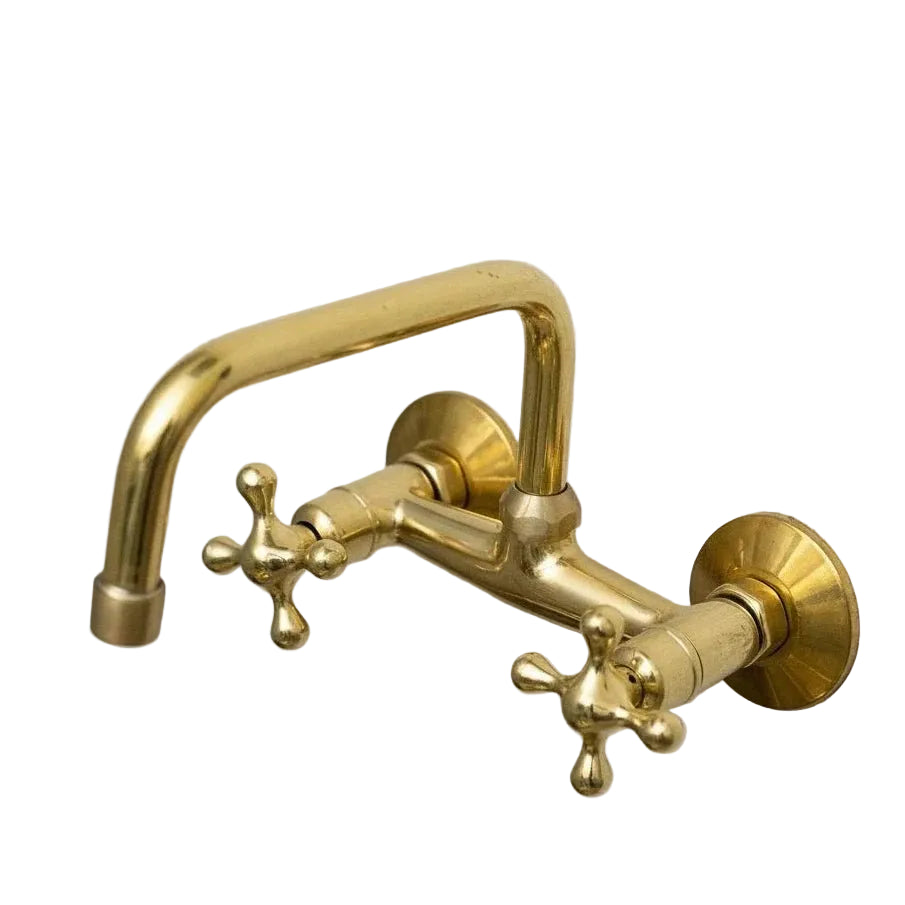 Unlacquered Brass Wall Mount Kitchen Faucet – Vintage Farmhouse Sink Tap with Cross Handles - Brasska