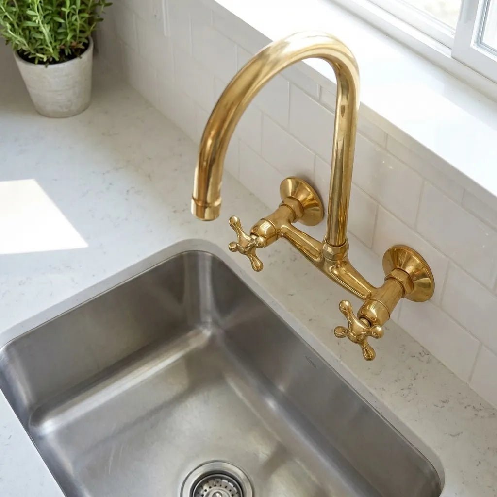Unlacquered Brass Wall Mount Kitchen Faucet – Vintage Sink Tap with Cross Handles - Brasska