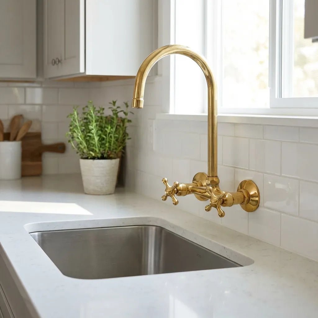 Unlacquered Brass Wall Mount Kitchen Faucet – Vintage Sink Tap with Cross Handles - Brasska