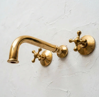 Unlacquered Brass Wall Mounted Bathroom Faucet with Cross Handles - Brasska