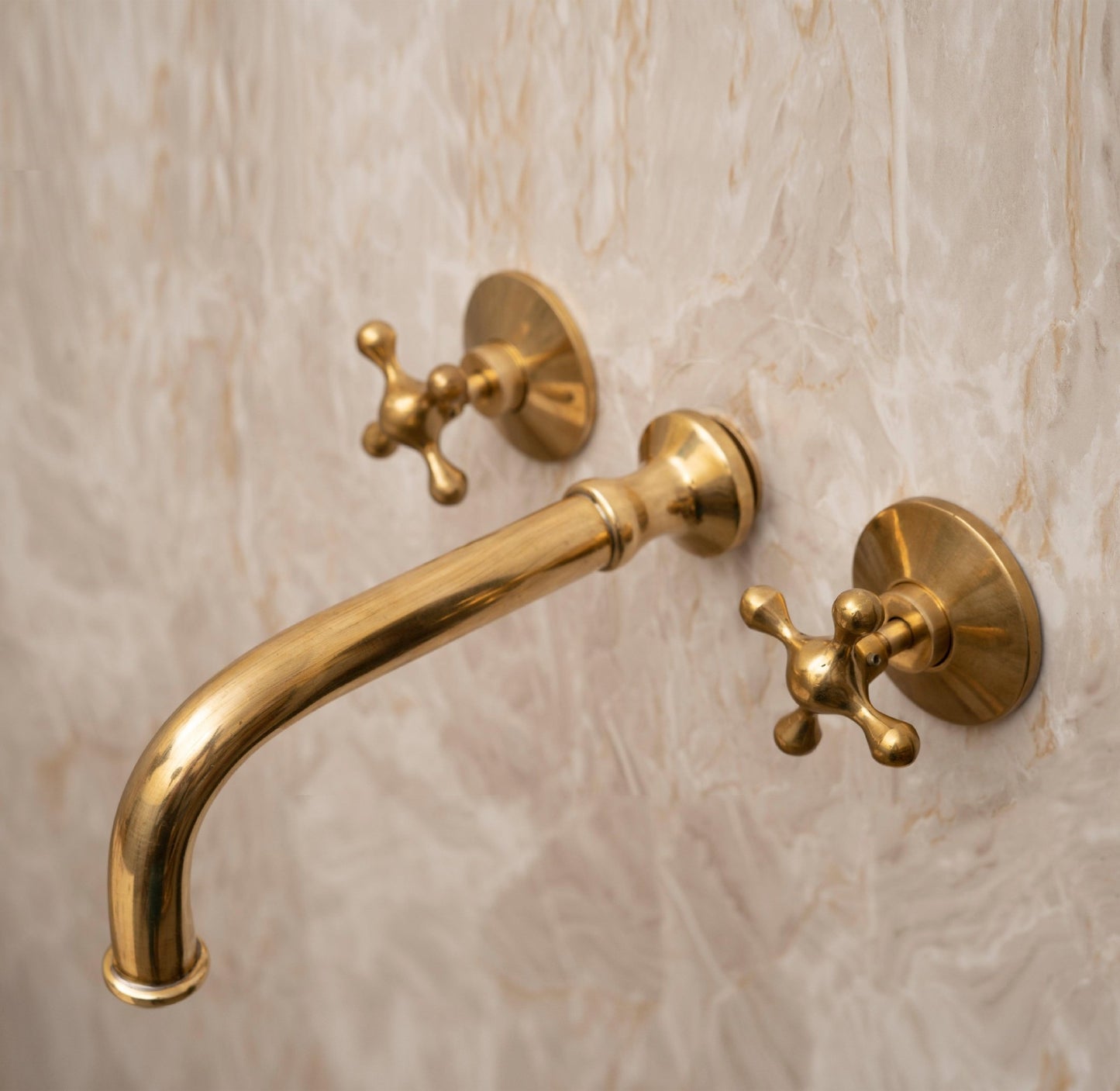 Unlacquered Brass Wall Mounted Bathroom Faucet with Cross Handles - Brasska