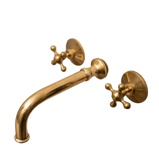 Unlacquered Brass Wall Mounted Bathroom Faucet with Cross Handles - Brasska