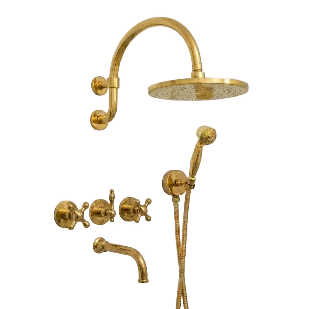 Unlacquered Brass Wall-Mounted Rain Shower System Set with Handheld Spray - Brasska