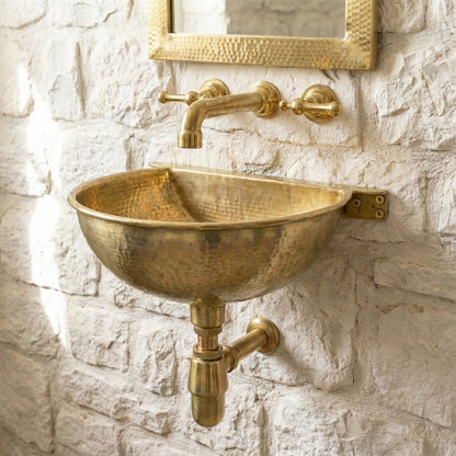 Unlacquered Brass Wall Mounted Sink – Handmade Hammered Brass Basin - Brasska