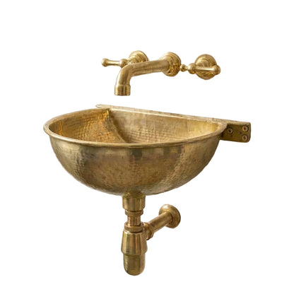 Unlacquered Brass Wall Mounted Sink – Handmade Hammered Brass Basin - Brasska