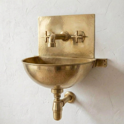 Unlacquered Brass Wall Sink – Hammered Bathroom Basin with Faucet - Brasska