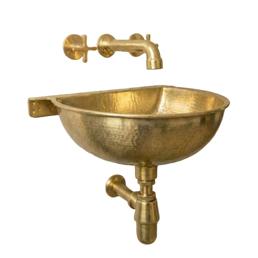 Unlacquered Brass Wall Sink – Hammered Bathroom Basin with Faucet - Brasska