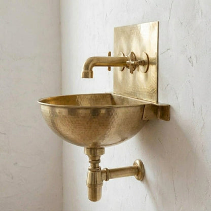 Unlacquered Brass Wall Sink – Hammered Bathroom Basin with Faucet - Brasska