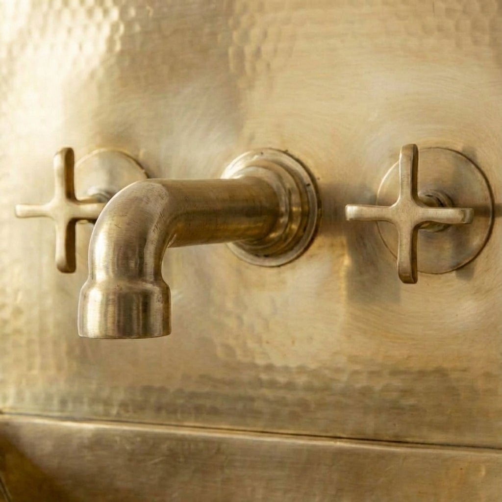 Unlacquered Brass Wall Sink – Hammered Bathroom Basin with Faucet - Brasska