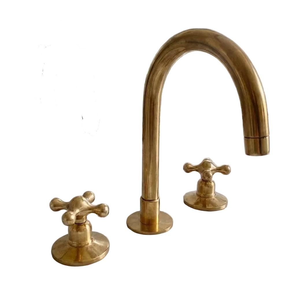 Unlacquered Brass Widespread Bathroom Faucet with Cross Handles - Brasska