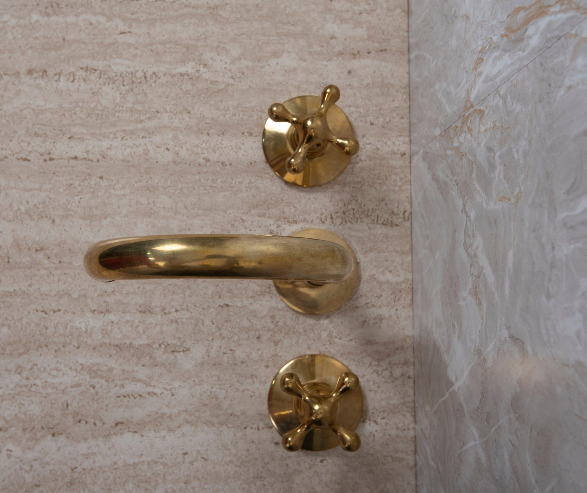 Unlacquered Brass Widespread Bathroom Faucet with Cross Handles - Brasska