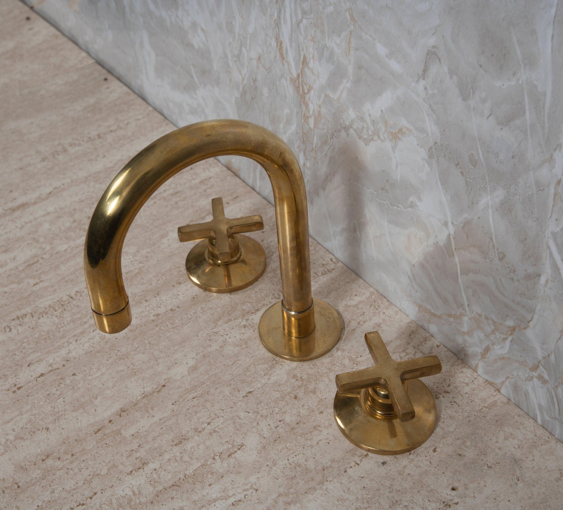 Unlacquered Brass Widespread Bathroom Faucet with Cross Handles - Brasska