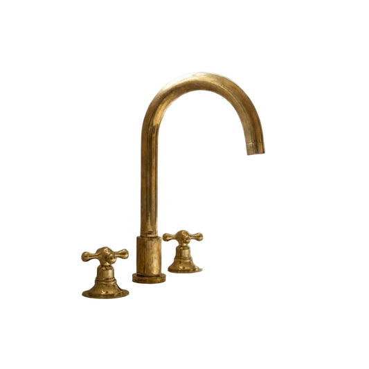Unlacquered Brass Widespread Bathroom Sink Faucet 3 Hole Vanity Tap - Brasska