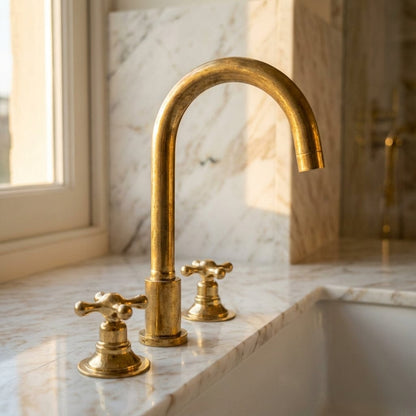 Unlacquered Brass Widespread Bathroom Sink Faucet 3 Hole Vanity Tap - Brasska