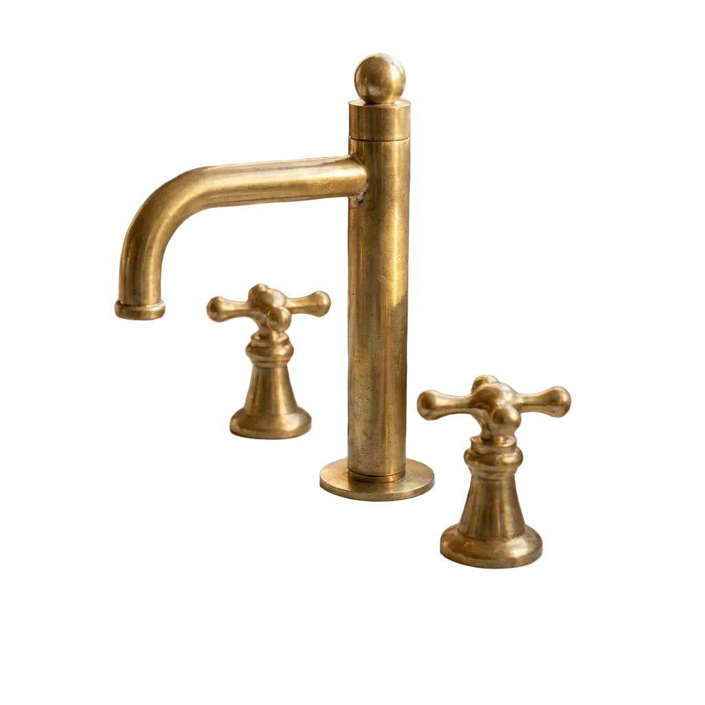 Unlacquered Brass Widespread Faucet – Classic Cross-Handle Bathroom Tap - Brasska