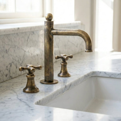 Unlacquered Brass Widespread Faucet – Classic Cross-Handle Bathroom Tap - Brasska