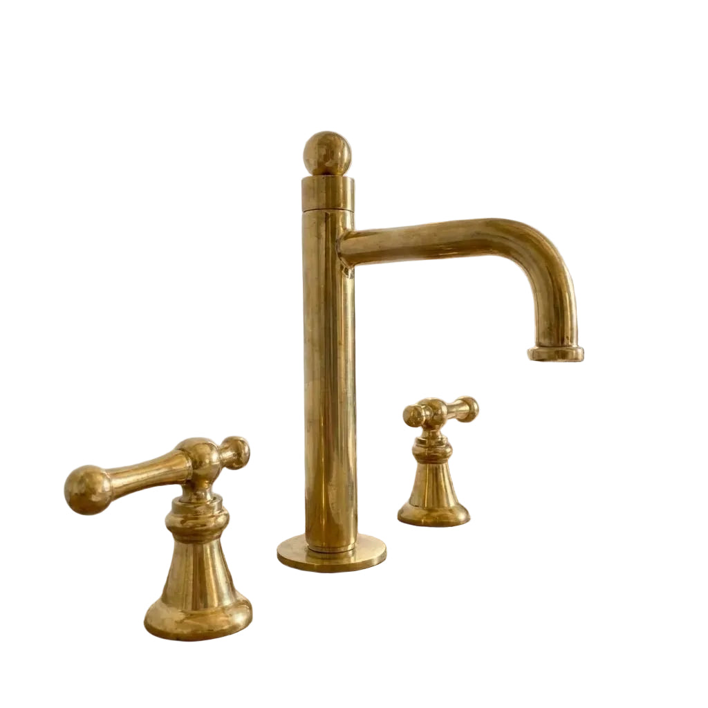 Unlacquered Brass Widespread Faucet – Tall Spout Bathroom Lever Tap - Brasska