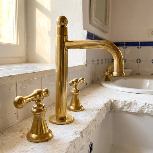 Unlacquered Brass Widespread Faucet – Tall Spout Bathroom Lever Tap - Brasska
