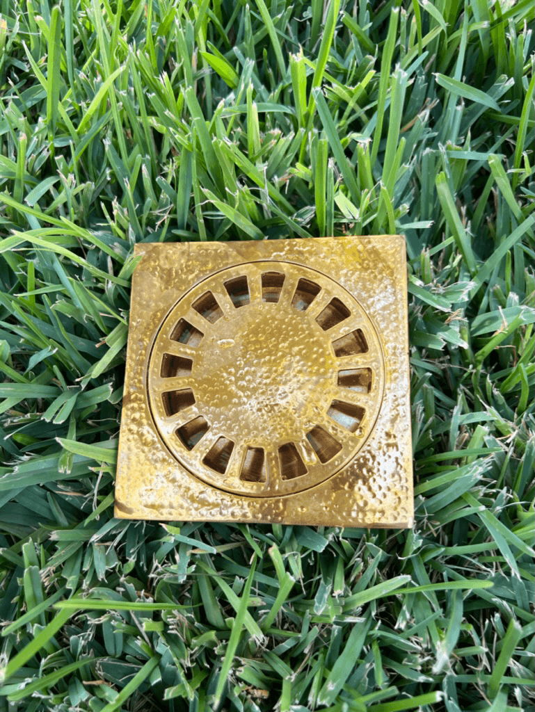 Unlacquered Hammered Brass Square Shower Drain with Removable Cover - Brasska