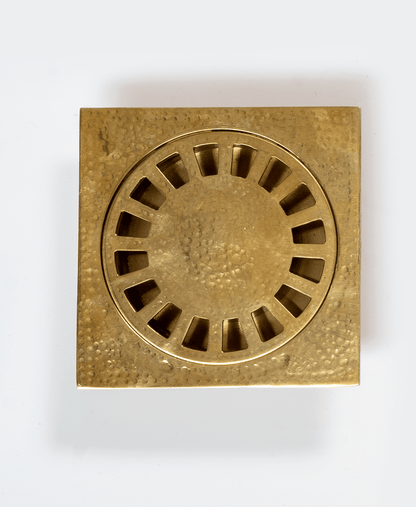 Unlacquered Hammered Brass Square Shower Drain with Removable Cover - Brasska