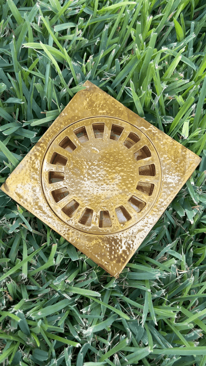 Unlacquered Hammered Brass Square Shower Drain with Removable Cover - Brasska