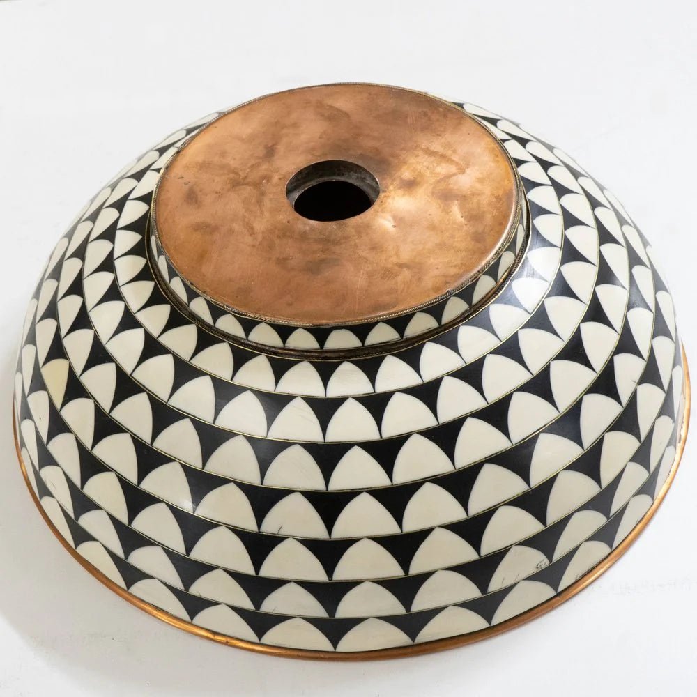 Handmade Copper Vessel Sink with Antique Wood Finish by Brasska featuring black and white geometric pattern.