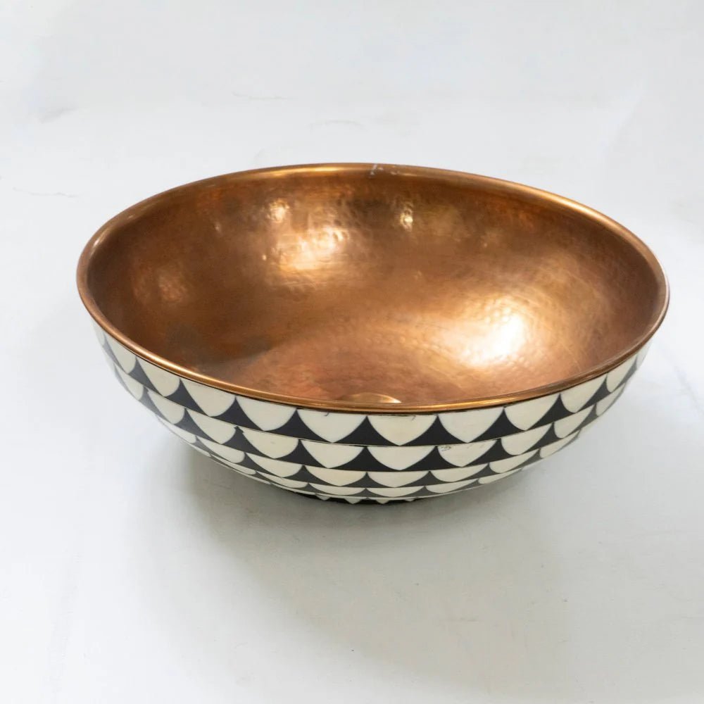 Handmade Copper Vessel Sink with Antique Wood Finish by Brasska, featuring a copper interior and black-and-white geometric patterned exterior.