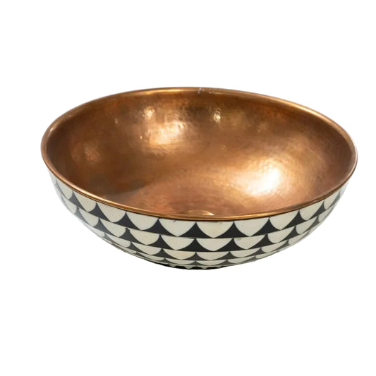 Handmade Copper Vessel Sink with Antique Wood Finish by Brasska, featuring a copper interior and black-and-white patterned exterior.