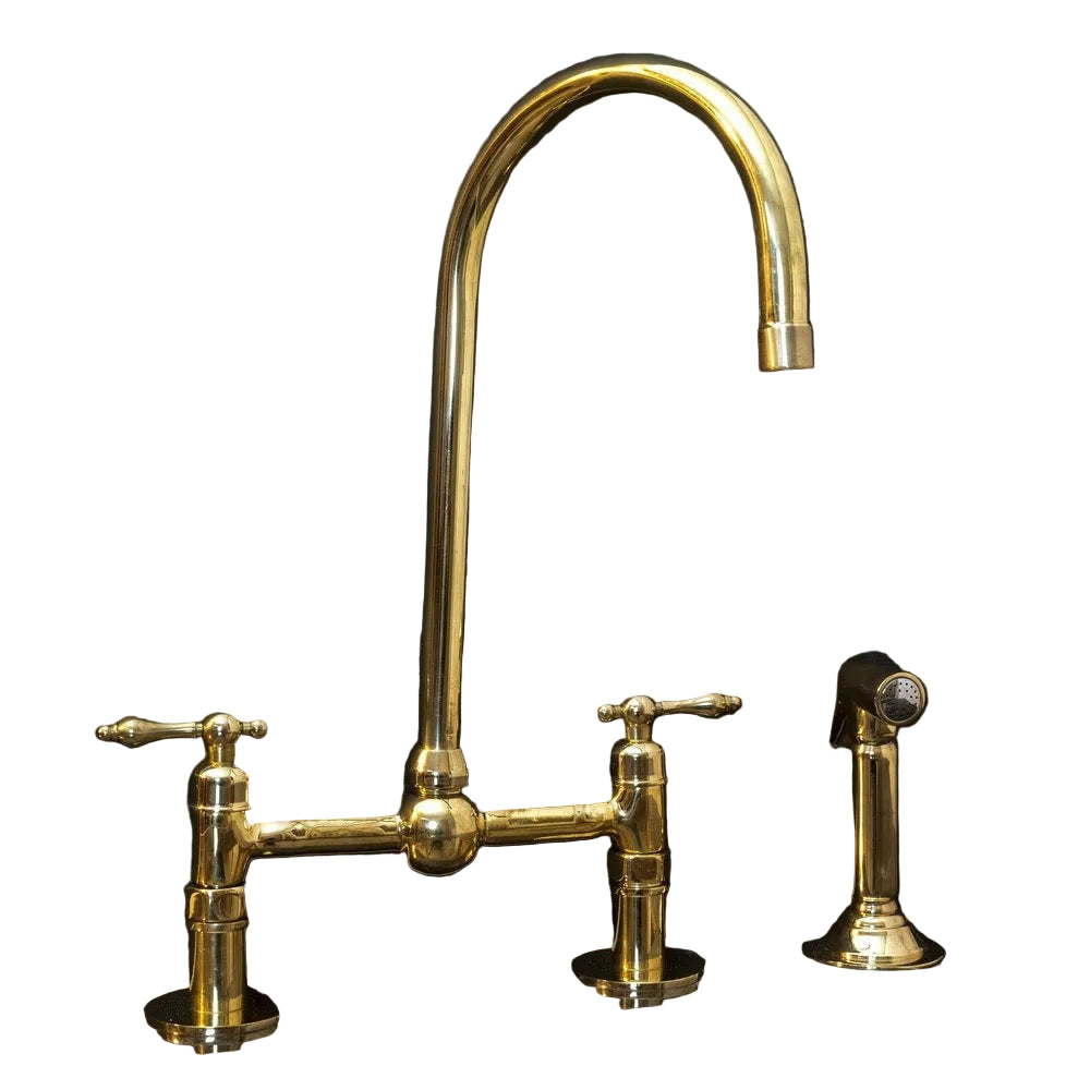 Victorian Bridge Kitchen Faucet with Side Sprayer in unlacquered brass finish, featuring vintage design and durable metal construction.