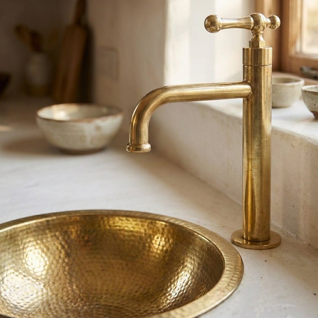 Victorian Style Brass Bathroom Faucet – Unlacquered Solid Brass Sink Tap - Brasska