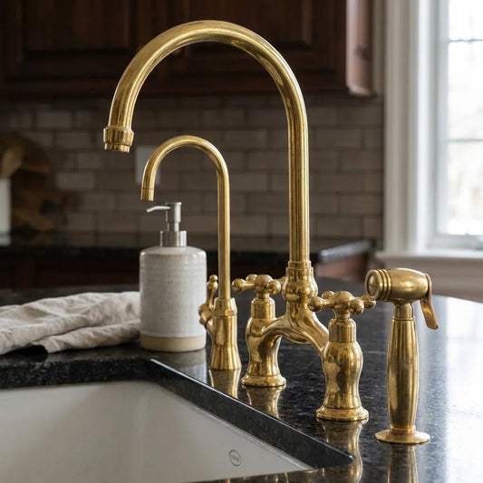 Victorian Unlacquered Brass Bridge Faucet With Side Sprayer - Brasska