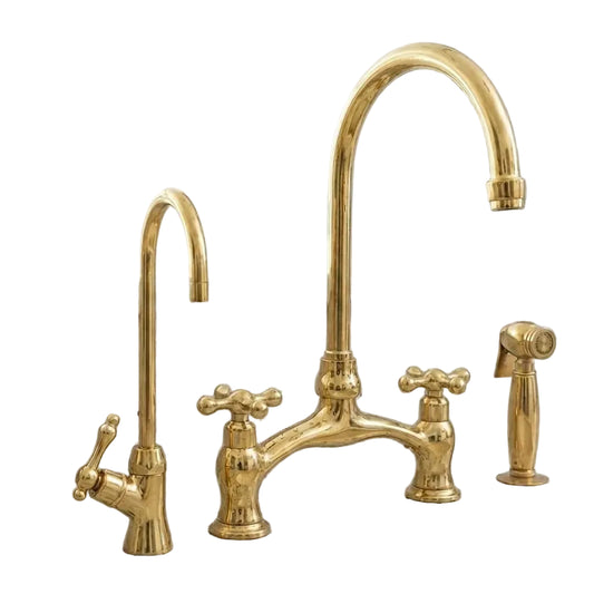Victorian Unlacquered Brass Bridge Faucet With Side Sprayer - Brasska
