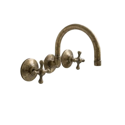Vintage Antique Brass Wall Mount Faucet – Solid Brass Cross Handle Bathroom Sink Tap - Brasska