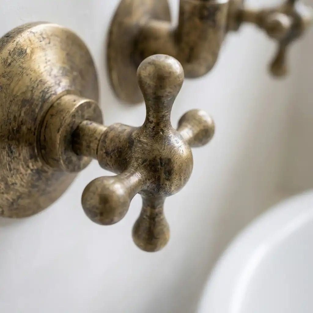 Vintage Antique Brass Wall Mount Faucet – Solid Brass Cross Handle Bathroom Sink Tap - Brasska