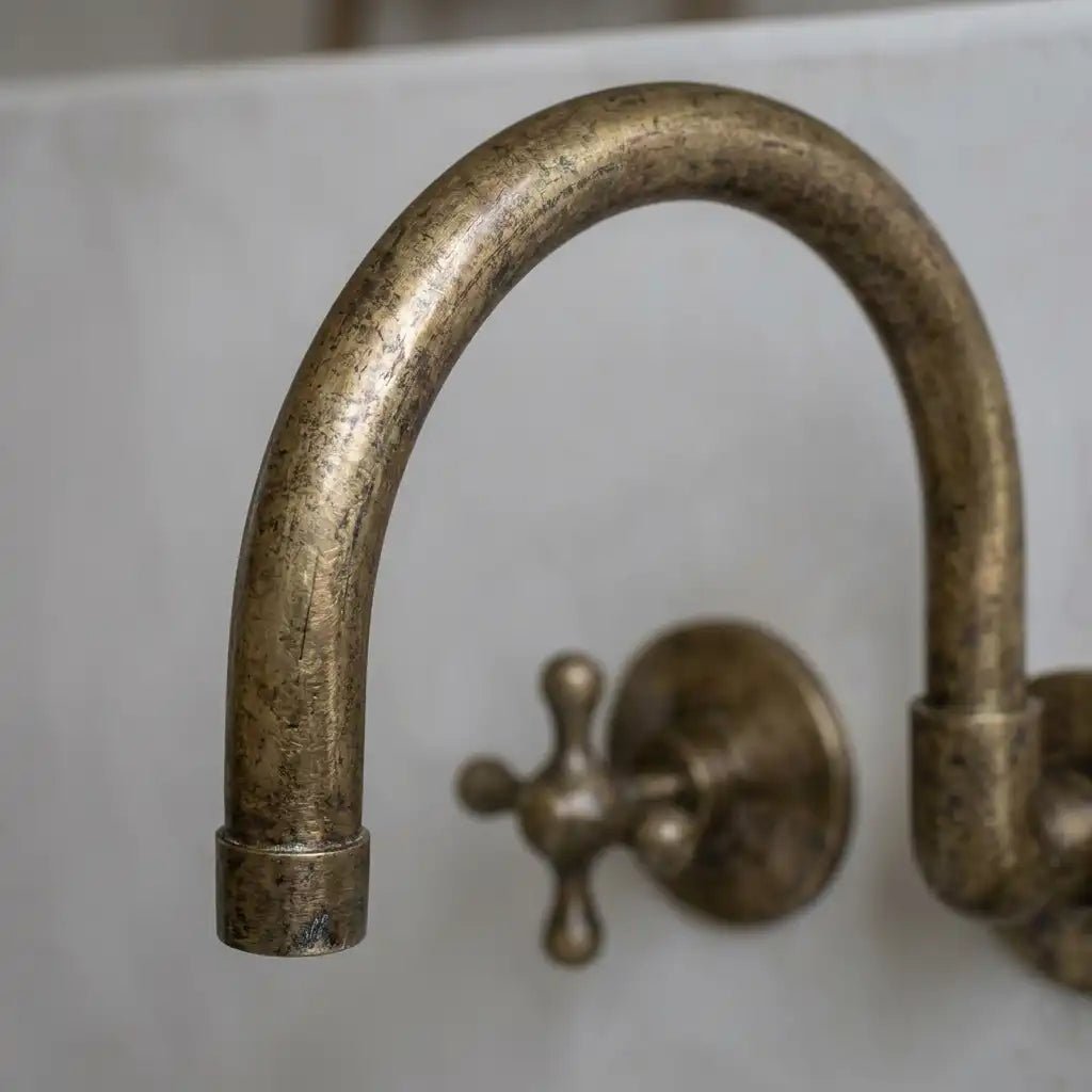 Vintage Antique Brass Wall Mount Faucet – Solid Brass Cross Handle Bathroom Sink Tap - Brasska