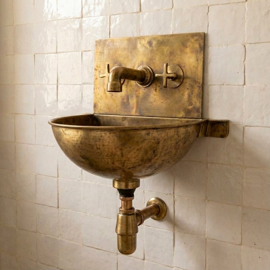 Vintage Brass Wall Mounted Sink with Unlacquered Brass Faucet - Brasska