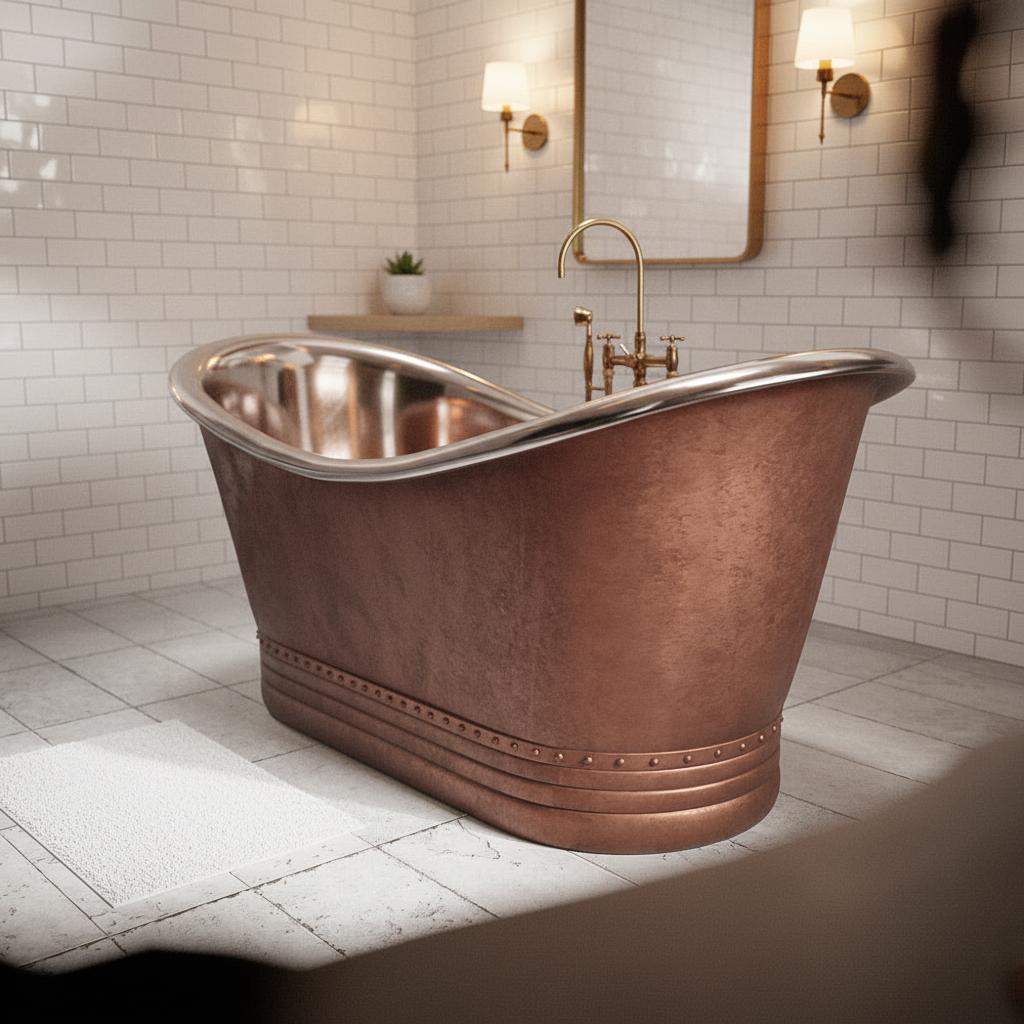Vintage Copper Double Slipper Freestanding Bathtub – Handcrafted Luxury Soaking Tub - Brasska