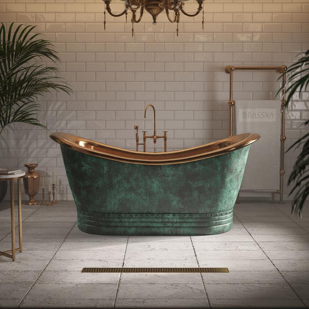 Vintage Green Copper Bathtub with Brass Interior – Freestanding Double Slipper Tub - Brasska
