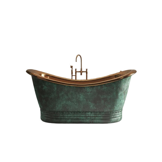 Vintage Green Copper Bathtub with Brass Interior – Freestanding Double Slipper Tub - Brasska