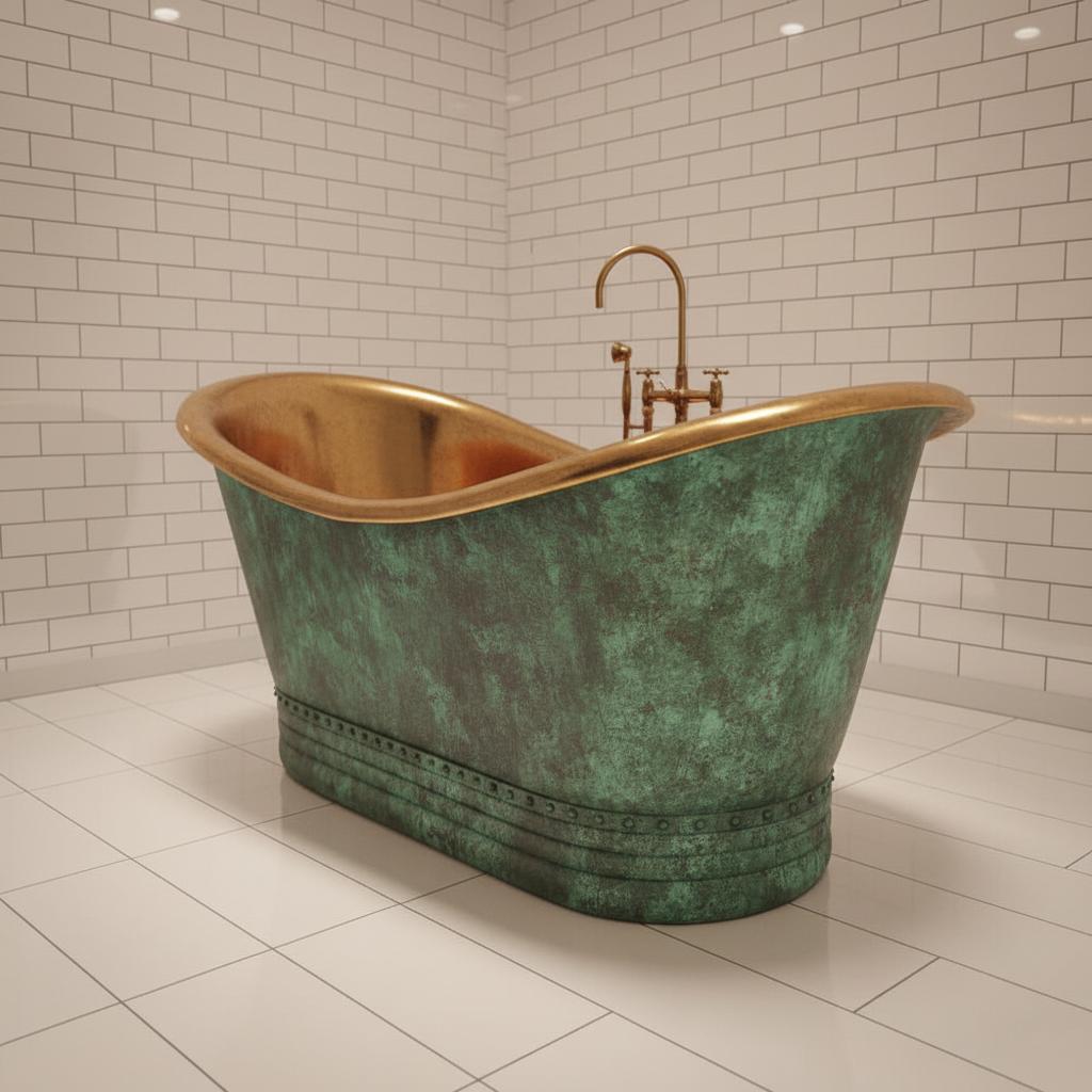 Vintage Green Copper Bathtub with Brass Interior – Freestanding Double Slipper Tub - Brasska