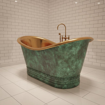 Vintage Green Copper Bathtub with Brass Interior – Freestanding Double Slipper Tub - Brasska